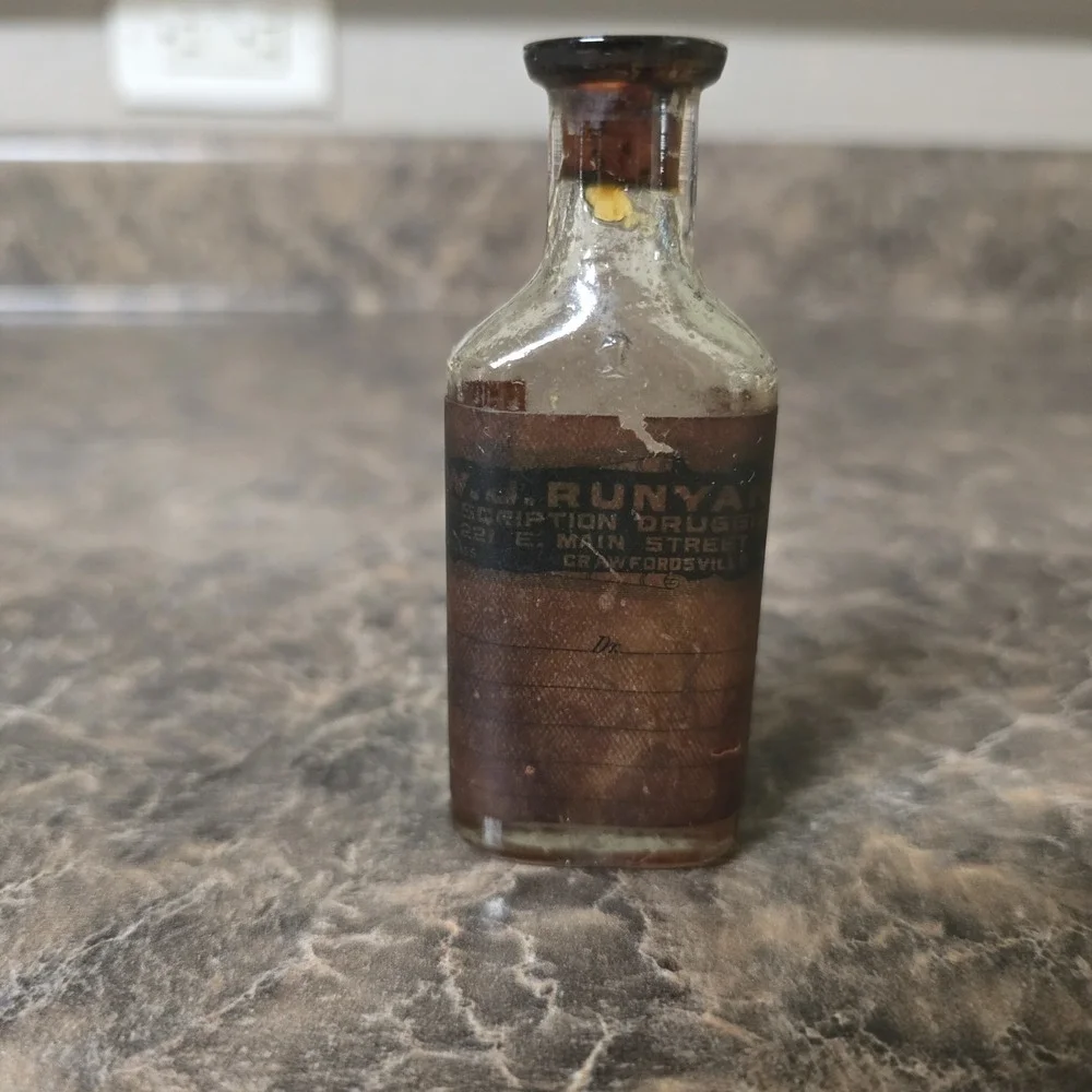 Antique W.J. Runyan‎ Pharmacy Bottle Crawfordsville Indiana Medicine w/ Contents